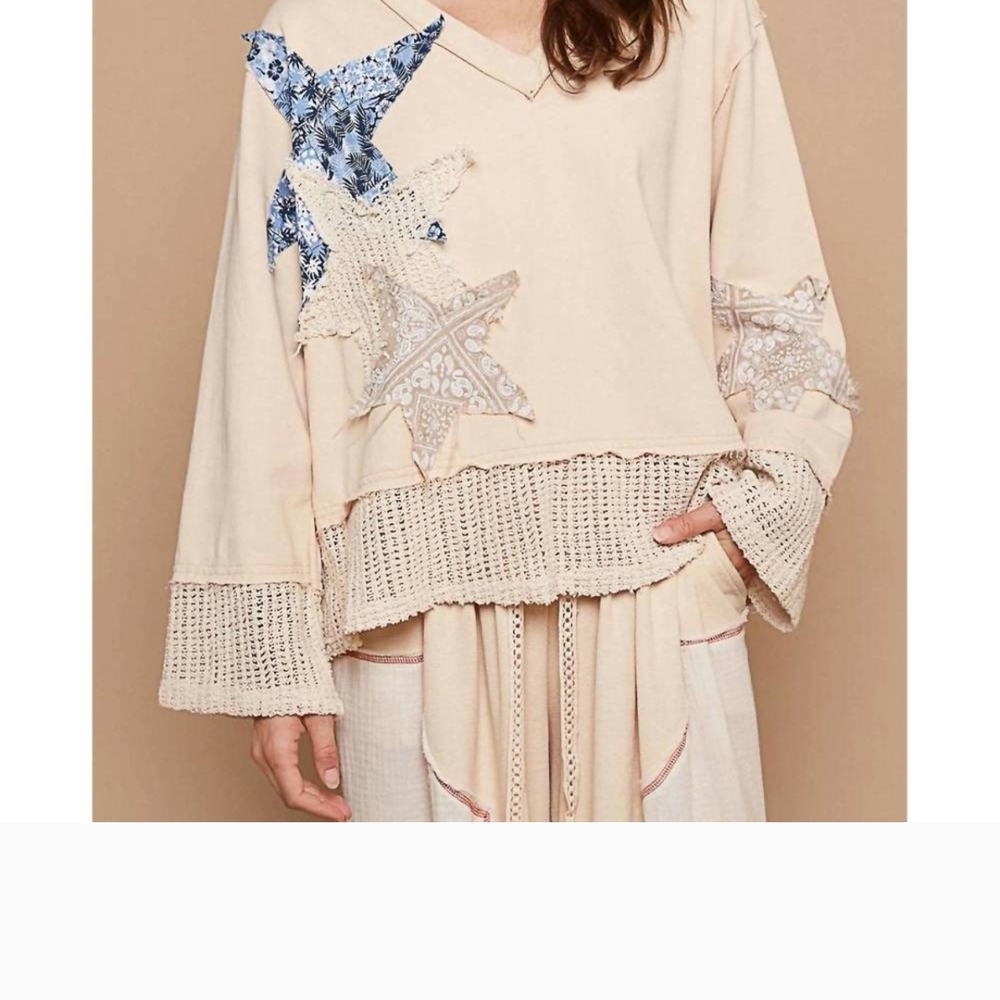 Boho Cream Star Sweater with Blue Accents